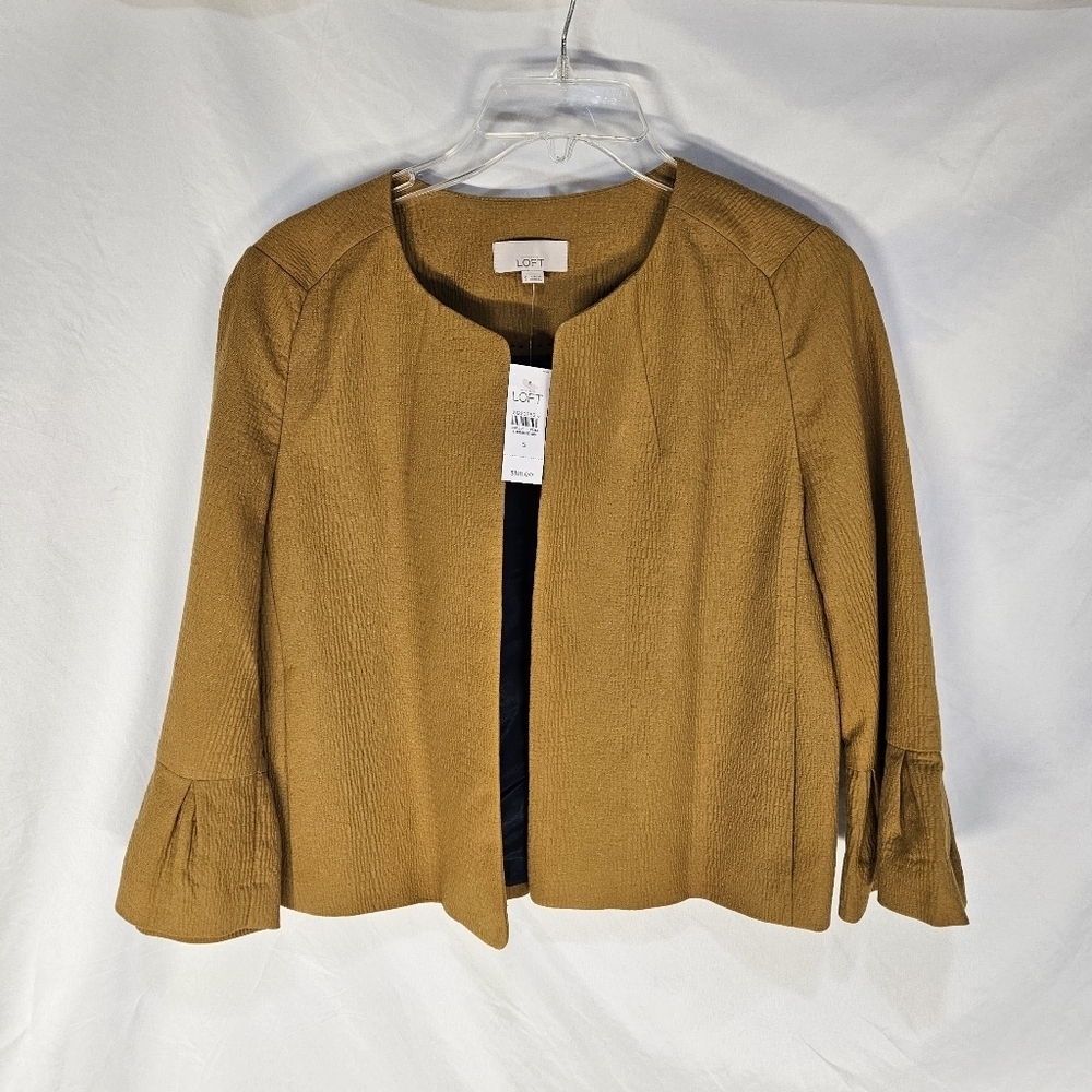 NWT ANN TAYLOR LOFT Mustard Yellow Open Front Blazer/Jacket, Bell Sleeve| Small